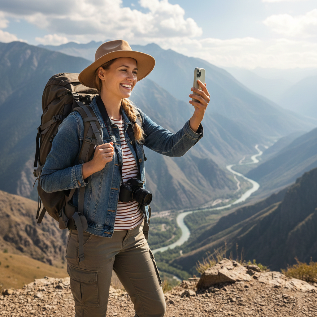 Happy traveler using phone